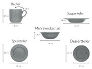 Graues Geschirr-Set aus Keramik/Porzellan mit Reliefmuster: Becher 35 cl (8,7 cm hoch, 8 cm breit) in Seitenansicht, Suppenteller 22 cm (3,8 cm hoch) in Seitenansicht, Mehrzweckschale 16 cm (5,8 cm hoch) in Seitenansicht sowie Speiseteller 27 cm und Desse