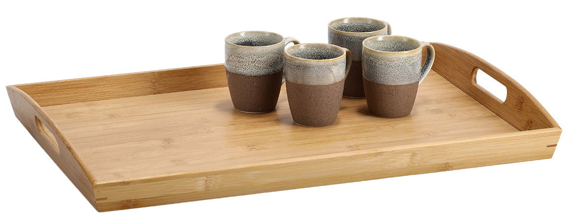 Holztablett mit vier Keramiktassen, seitliche Perspektive