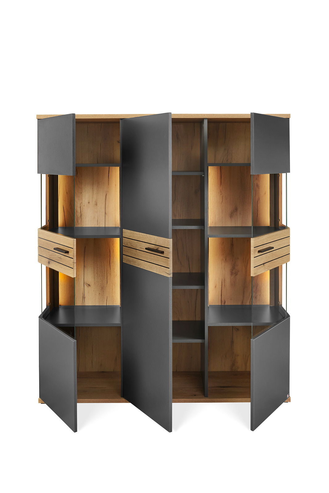 Offenes Highboard mit Holzelementen und grauen Türen, frontale Ansicht