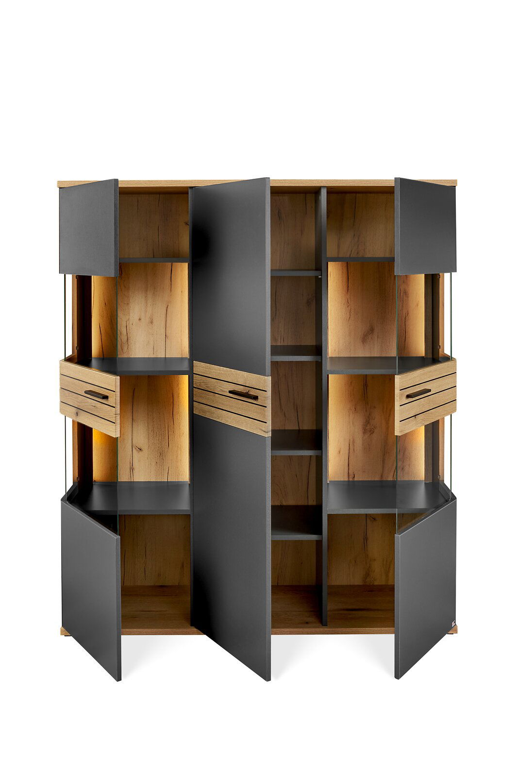 Offenes Highboard mit Holzelementen und grauen Türen, frontale Ansicht