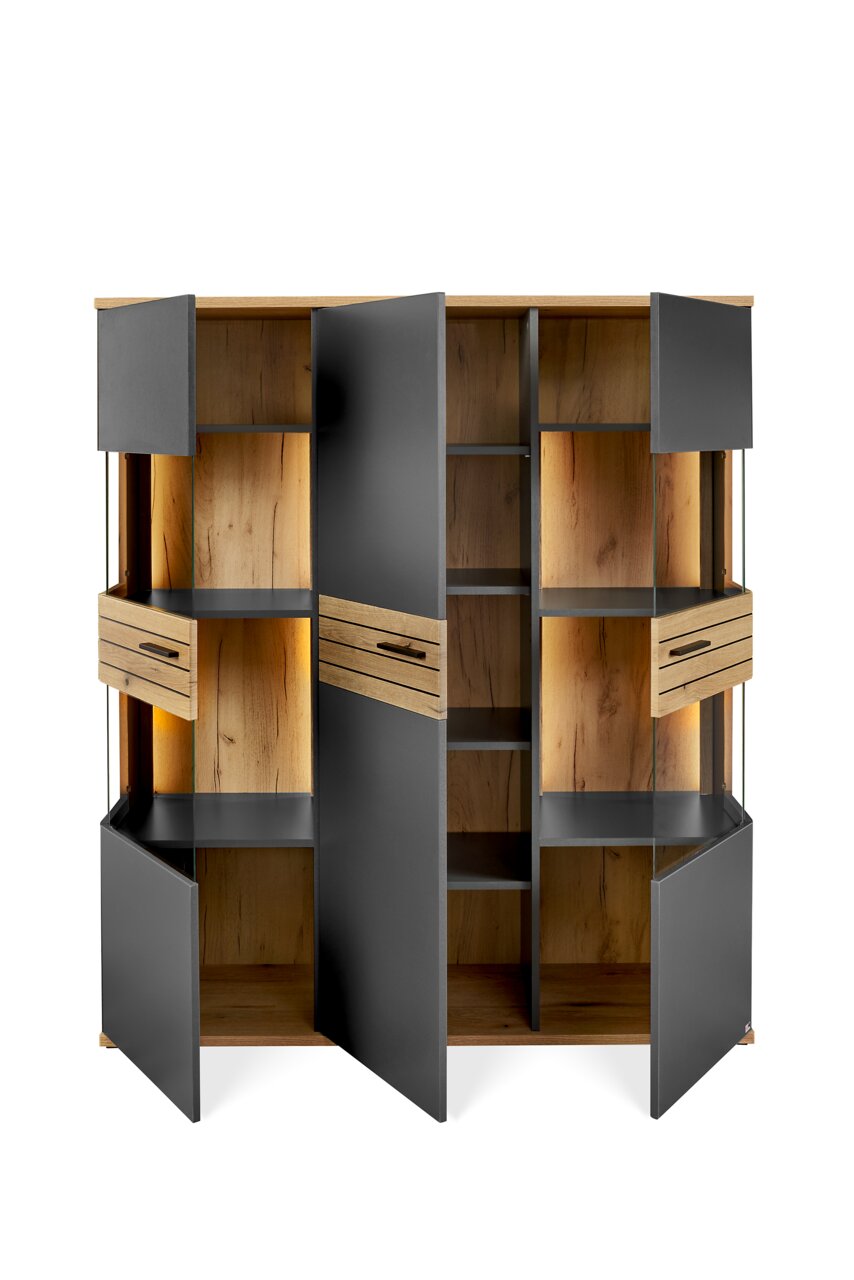 Offenes Highboard mit Holzelementen und grauen Türen, frontale Ansicht