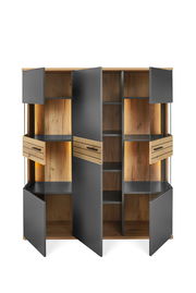 Offenes Highboard mit Holzelementen und grauen Türen, frontale Ansicht