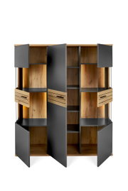 Offenes Highboard mit Holzelementen und grauen Türen, frontale Ansicht