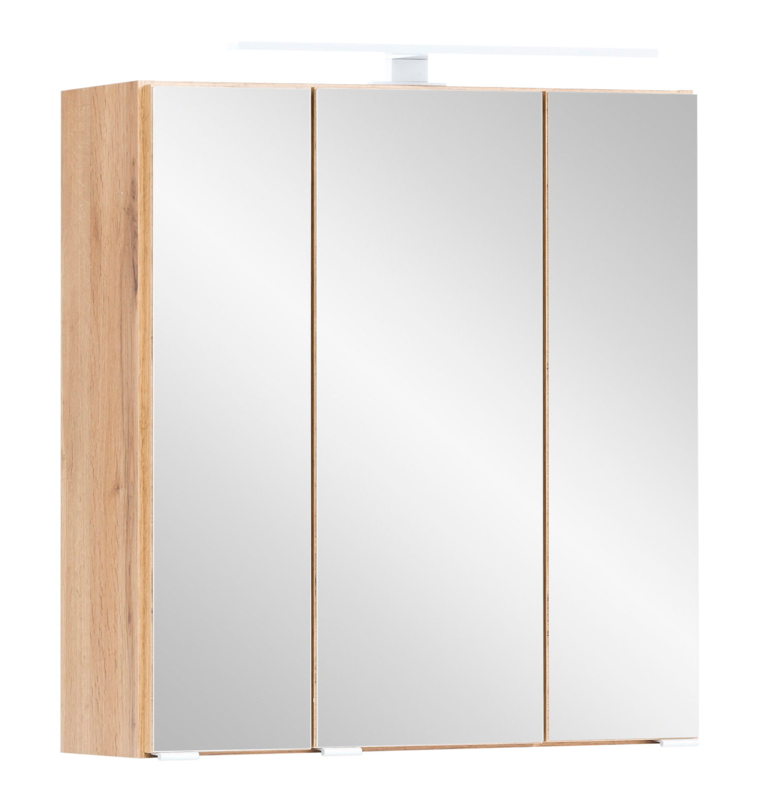 Spiegelschrank mit drei Türen und Holzrahmen, seitliche Perspektive