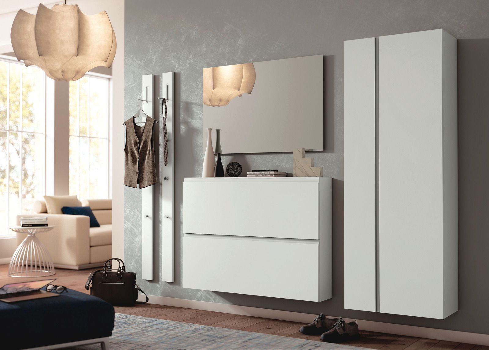 Moderano Hangende schoenenkast LECCO Moderne Garderobeneinrichtung mit Hängeschuhschrank, Spiegel und Garderobenpaneel in einem stilvollen Wohnzimmer. Seitliche Perspektive.