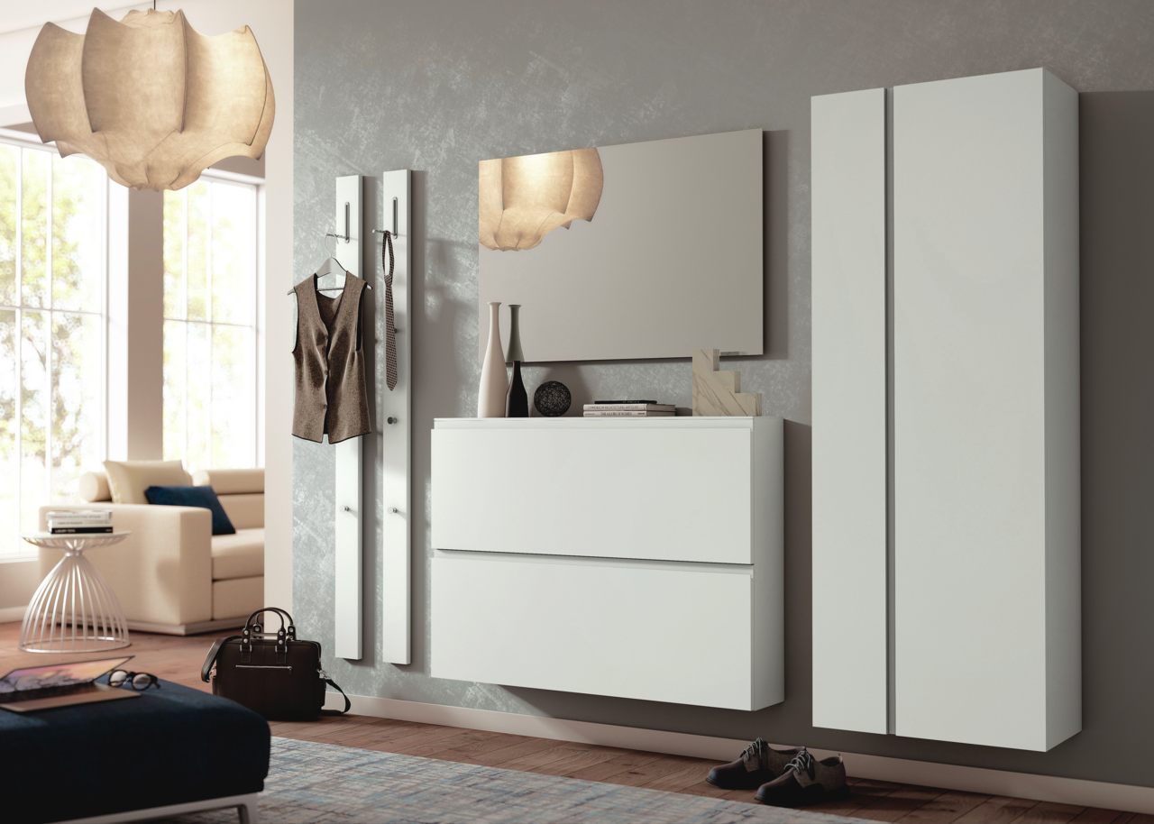 Moderano Hängeschuhschrank LECCO Moderne Garderobeneinrichtung mit Hängeschuhschrank, Spiegel und Garderobenpaneel in einem stilvollen Wohnzimmer. Seitliche Perspektive.