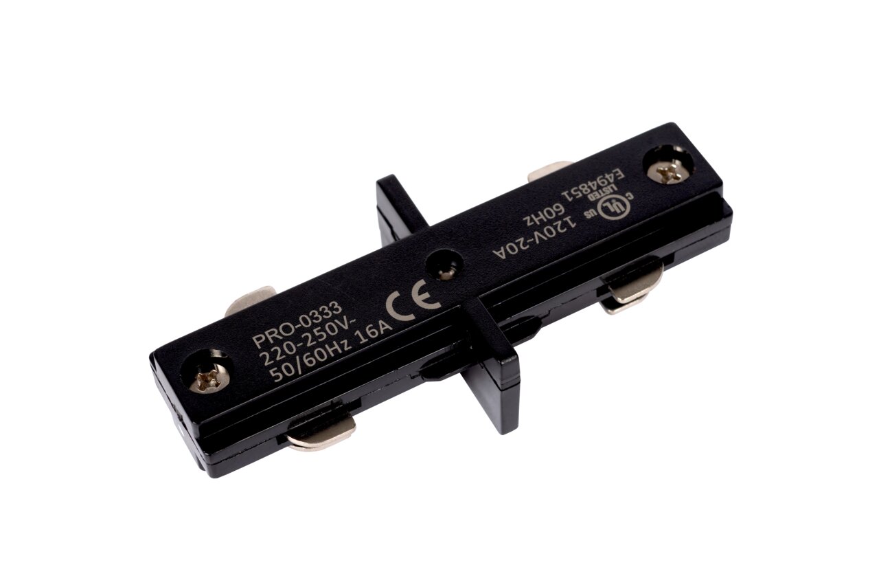 Schwarzer I-Verbinder für Lucide TRACK, seitliche Perspektive, mit technischen Spezifikationen auf der Oberfläche.