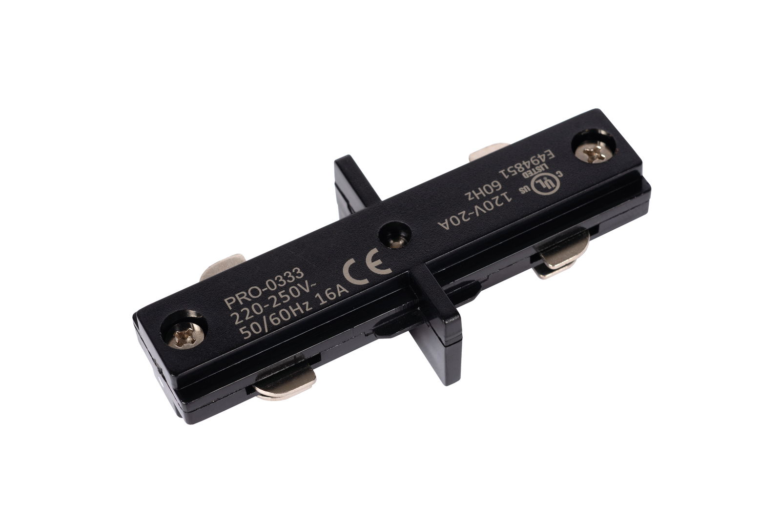 Schwarzer I-Verbinder für Lucide TRACK, seitliche Perspektive, mit technischen Spezifikationen auf der Oberfläche.