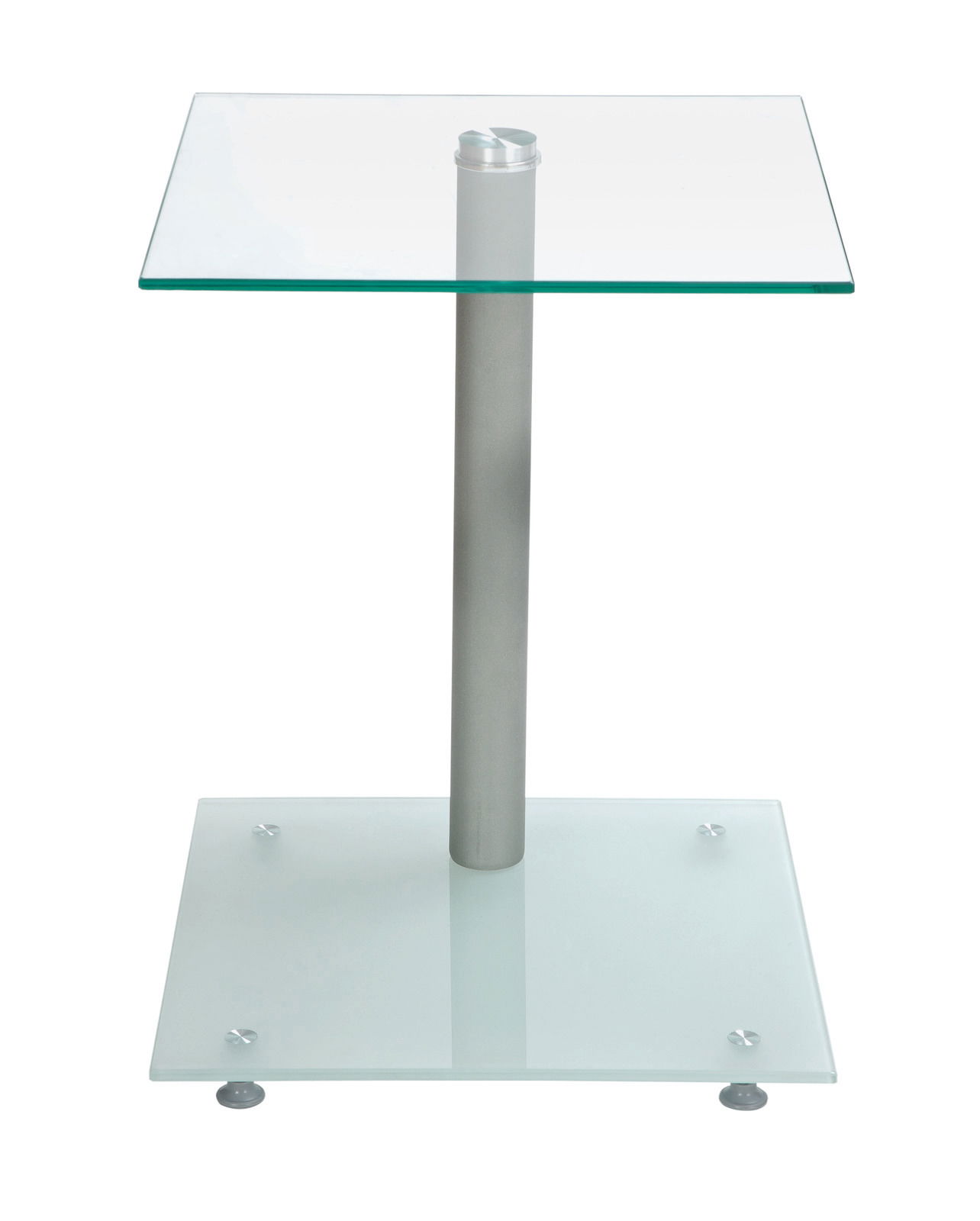 Moderner Beistelltisch mit zwei Glasplatten und Metallgestell, Frontalansicht