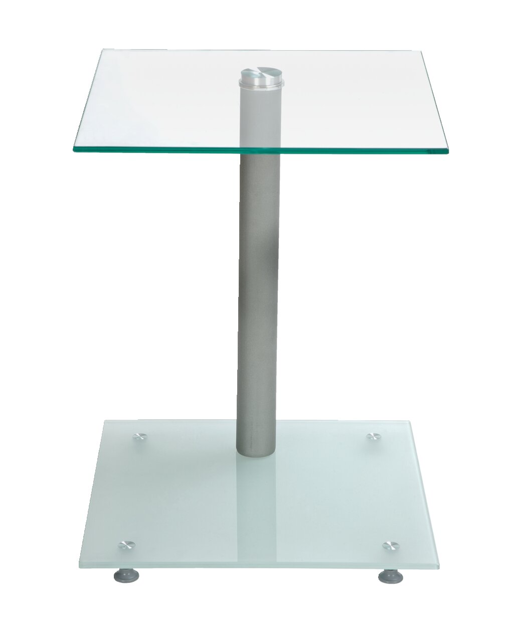 Moderner Beistelltisch mit zwei Glasplatten und Metallgestell, Frontalansicht