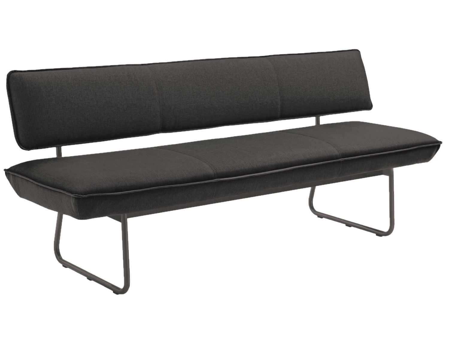 Solitärbank in dunklem Stoffbezug, seitliche Perspektive