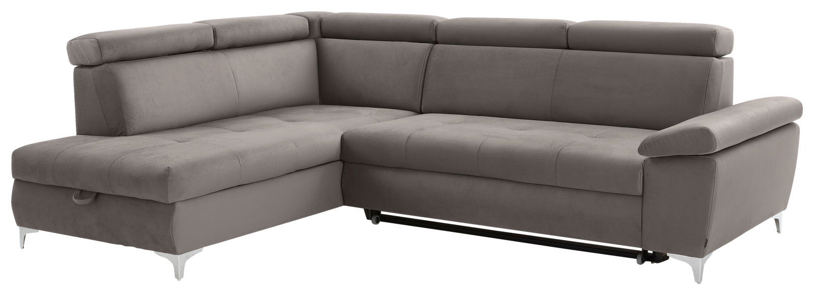 Graues Ecksofa mit verstellbaren Kopfstützen und Metallfüßen, Perspektive von vorne links