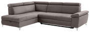 Graues Ecksofa mit verstellbaren Kopfstützen und Metallfüßen, Perspektive von vorne links