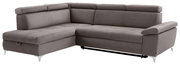 Graues Ecksofa mit verstellbaren Kopfstützen und Metallfüßen, Perspektive von vorne links