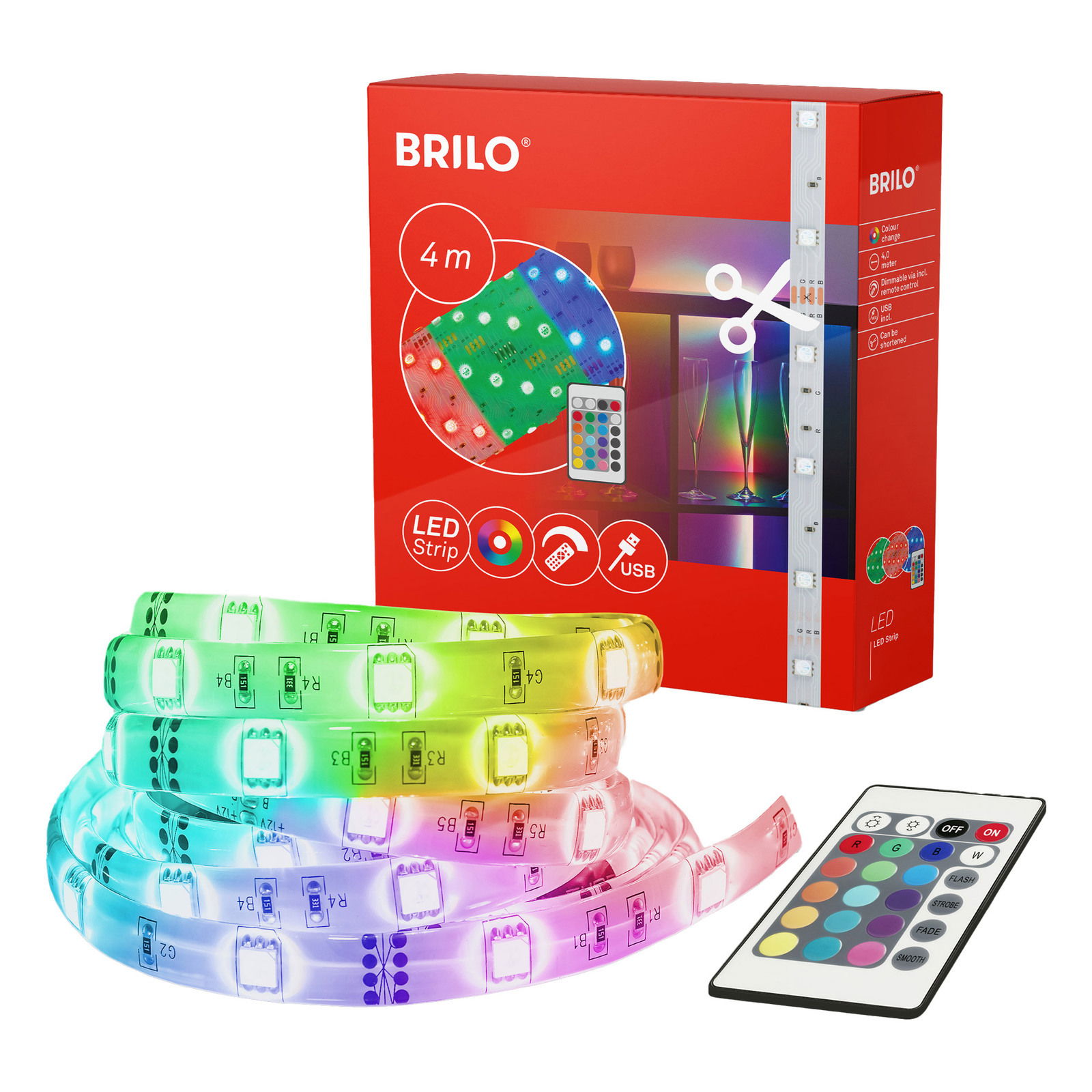 RGB-LED Flexband 4m mit Fernbedienung und Verpackung, Perspektive von vorne