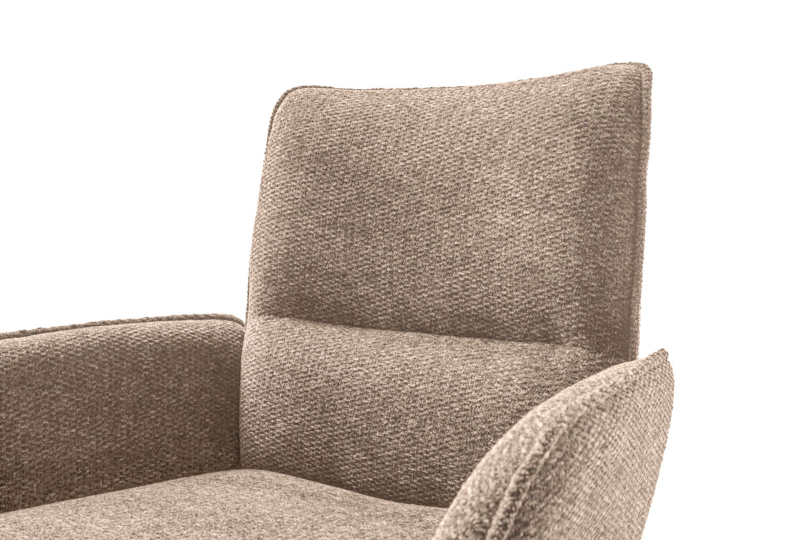 Nahaufnahme eines beigen Armlehnstuhls aus Stoff, seitliche Perspektive