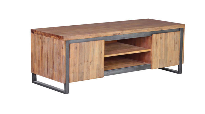 Landscape TV-Lowboard BALI TV-Board aus Holz mit Metallrahmen, zwei Türen und einem offenen Fach, seitliche Perspektive