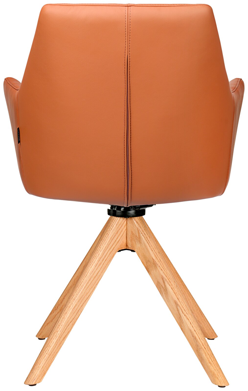 Rückansicht eines Armlehnstuhls mit braunem Lederbezug und Holzbeinen.