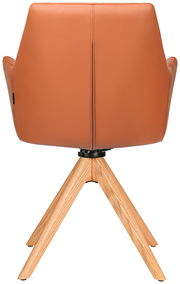 Rückansicht eines Armlehnstuhls mit braunem Lederbezug und Holzbeinen.