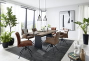 Moderne eettafel in een lichte ruimte met grote ramen, omringd door zes gestoffeerde stoelen in verschillende bruintinten. De tafel is van hout met een donker metalen onderstel. Perspectief: zijaanzicht.