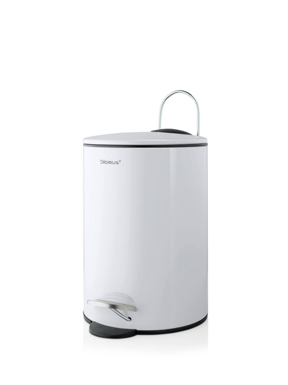 Weißer Treteimer TUBO mit Deckel und Fußpedal, seitliche Perspektive