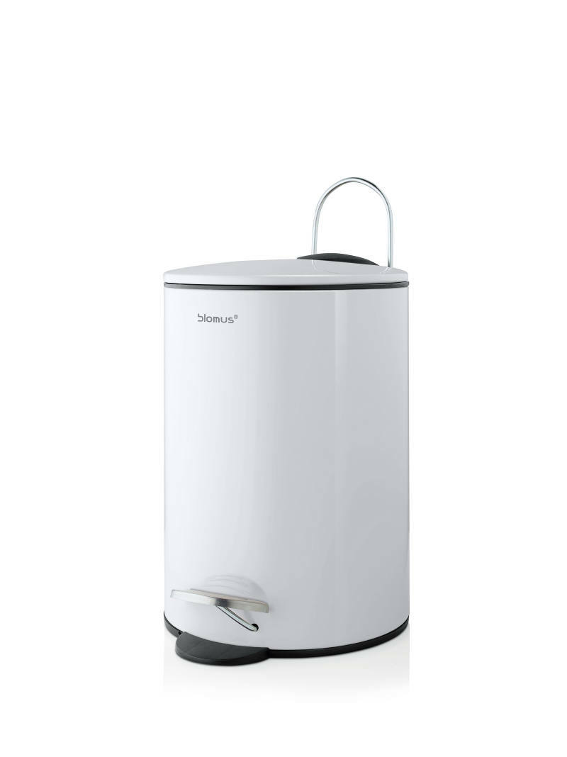 Weißer Treteimer TUBO mit Deckel und Fußpedal, seitliche Perspektive