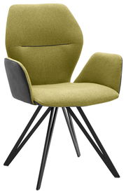 Moderner Armlehnenstuhl mit grünem Stoffbezug und schwarzen Metallbeinen, seitliche Perspektive