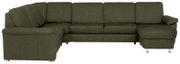 Olivgrünes U-förmiges Wohnlandschaft-Ecksofa mit zwei Recamieren, gepolsterten Armlehnen und Metallfüßen, Frontansicht vor weißem Hintergrund