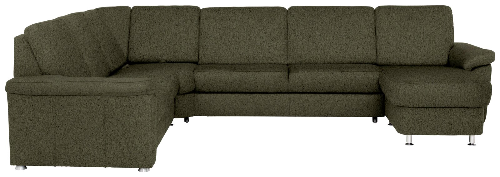 Olivgrünes U-förmiges Wohnlandschaft-Ecksofa mit zwei Recamieren, gepolsterten Armlehnen und Metallfüßen, Frontansicht vor weißem Hintergrund