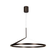 Moderne LED-Pendelleuchte mit großem ringförmigem Leuchtenkörper in dunklem Metall, abgehängt an Kabeln mit zylindrischem Baldachin, freigestellt auf weißem Hintergrund; Perspektive: frontale Ansicht mit leichter Untersicht auf den Ring