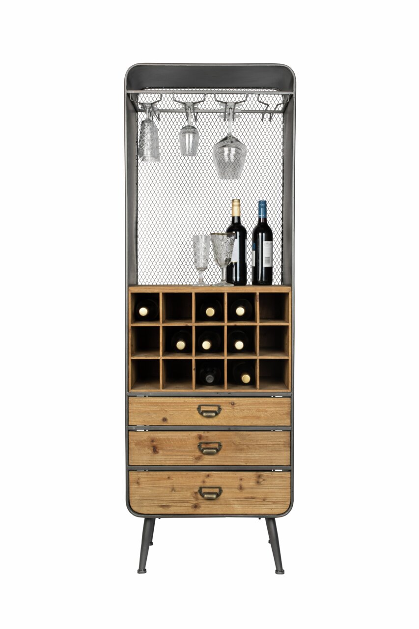 Weinregal aus Holz und Metall mit Flaschen- und Glashalterungen, frontal fotografiert