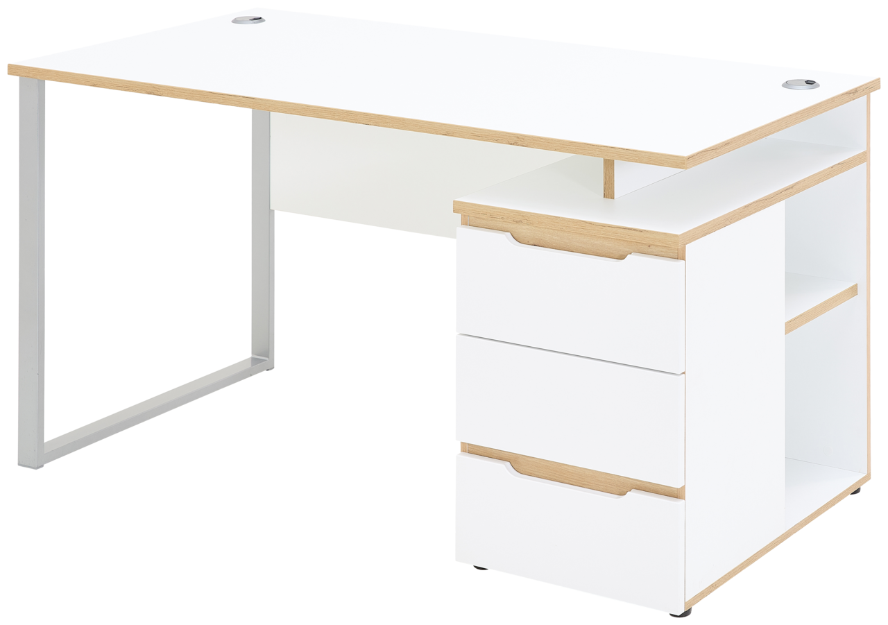 Moderner Schreibtisch mit weißer Oberfläche und Holzdetails, seitliche Schubladen und Regale, Perspektive von vorne rechts