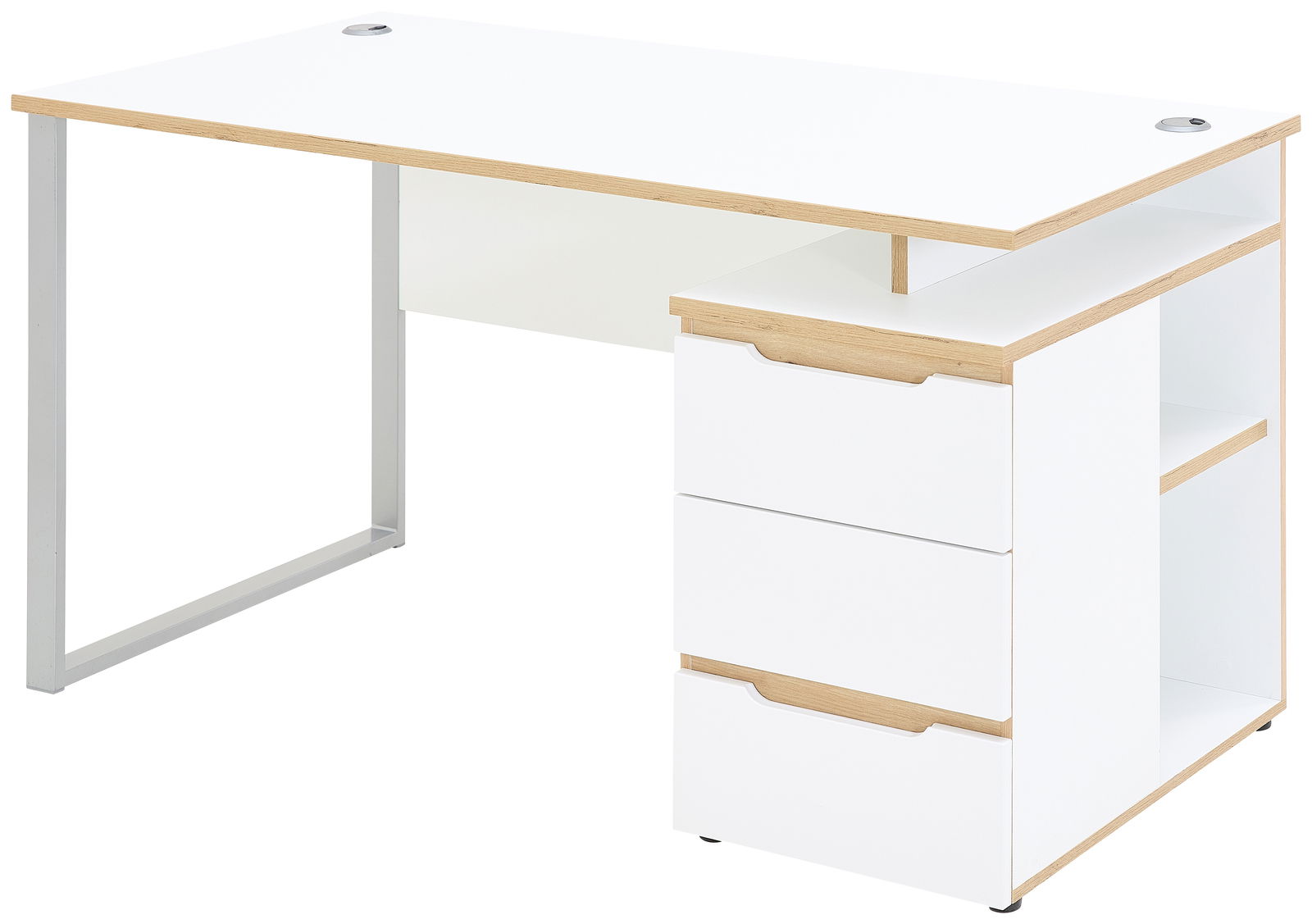 Moderner Schreibtisch mit weißer Oberfläche und Holzdetails, seitliche Schubladen und Regale, Perspektive von vorne rechts