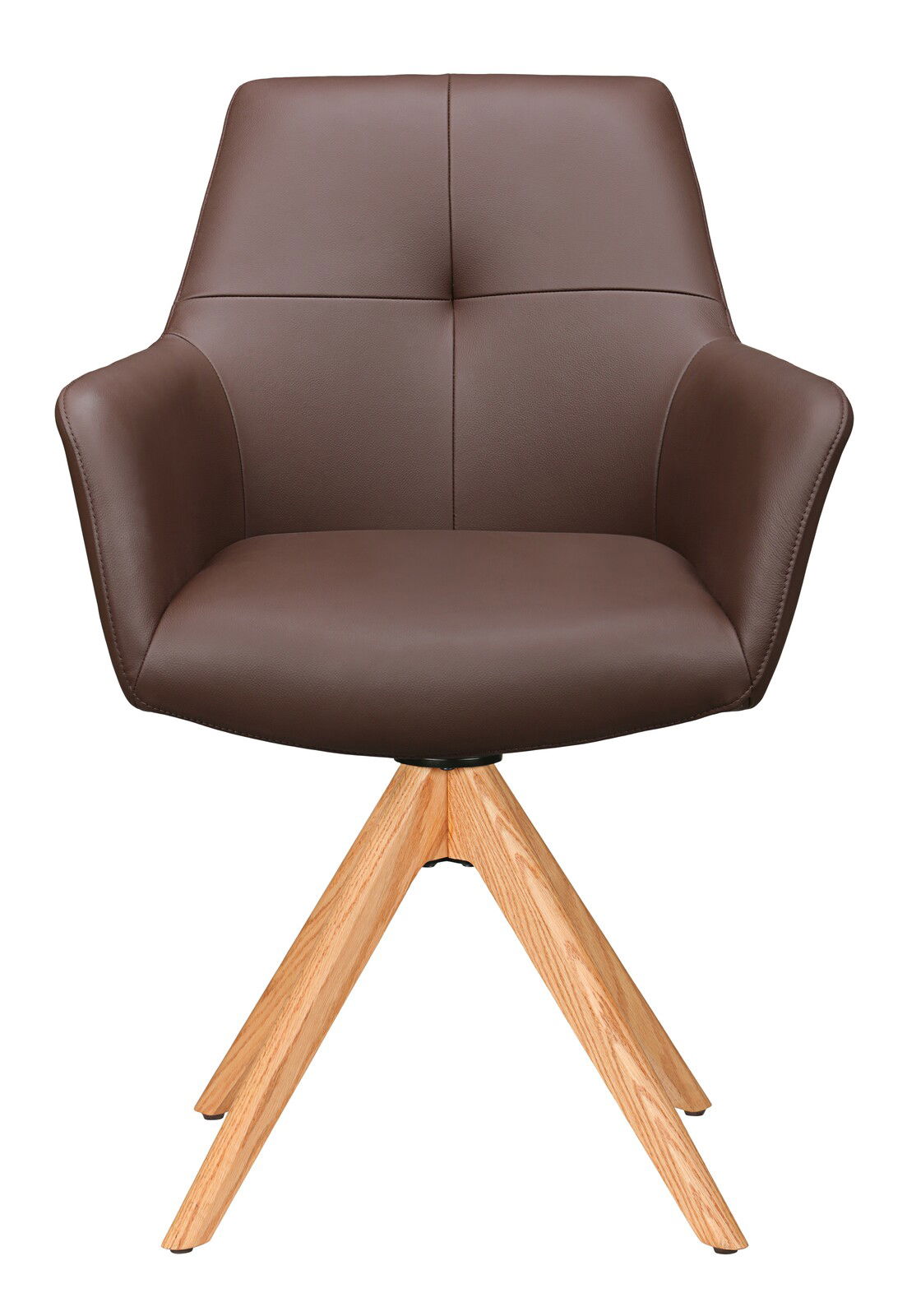 Brauner Armlehnstuhl mit Holzbeinen, Frontalansicht