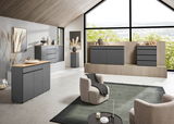 Moderne Wohnzimmermöbel in einem hellen Raum mit großen Fenstern, die eine grüne Aussicht bieten. Die Möbel sind in einem eleganten, dunklen Grau gehalten und umfassen Sideboards und Kommoden. Die Perspektive zeigt den Raum von schräg vorne, mit einem gem