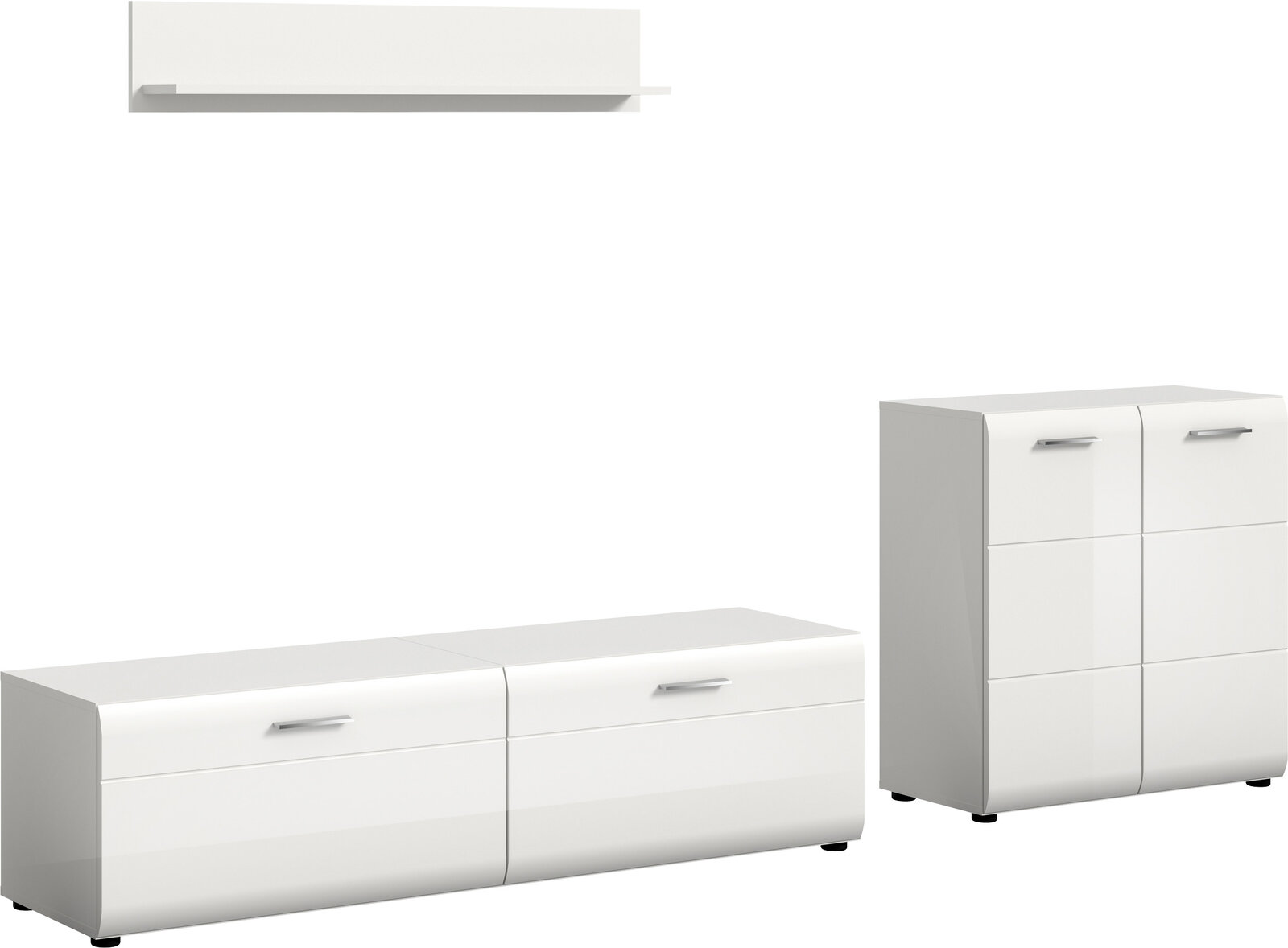 MID.YOU Wohnkombination ICE Weiße, moderne Sideboard- und Kommodenmöbel mit glatten Fronten und silbernen Griffen, freigestellt auf weißem Hintergrund, in schräger Frontansicht (3/4-Perspektive)