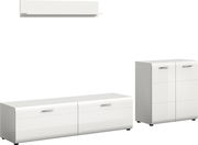 Weiße, moderne Sideboard- und Kommodenmöbel mit glatten Fronten und silbernen Griffen, freigestellt auf weißem Hintergrund, in schräger Frontansicht (3/4-Perspektive)