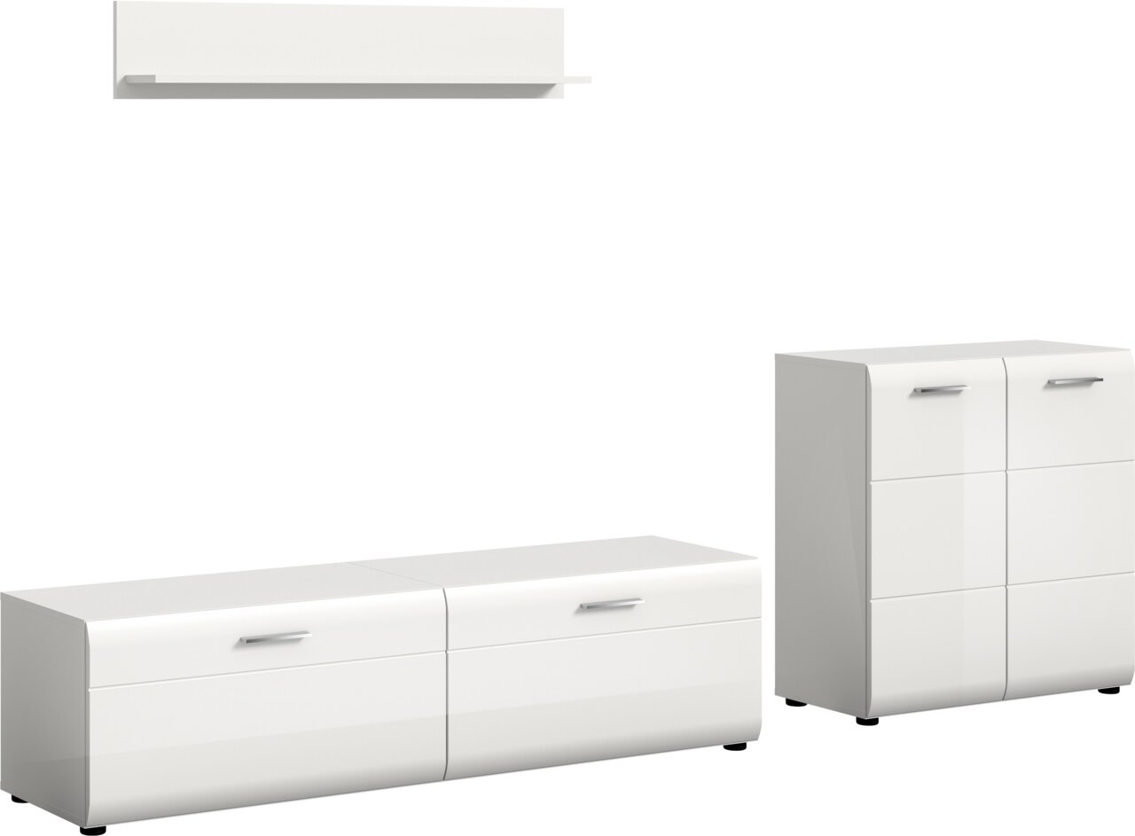 Weiße, moderne Sideboard- und Kommodenmöbel mit glatten Fronten und silbernen Griffen, freigestellt auf weißem Hintergrund, in schräger Frontansicht (3/4-Perspektive)
