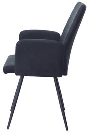 Seitliche Ansicht eines modernen Armlehnstuhls mit schwarzem Stoffbezug und schlanken Metallbeinen.