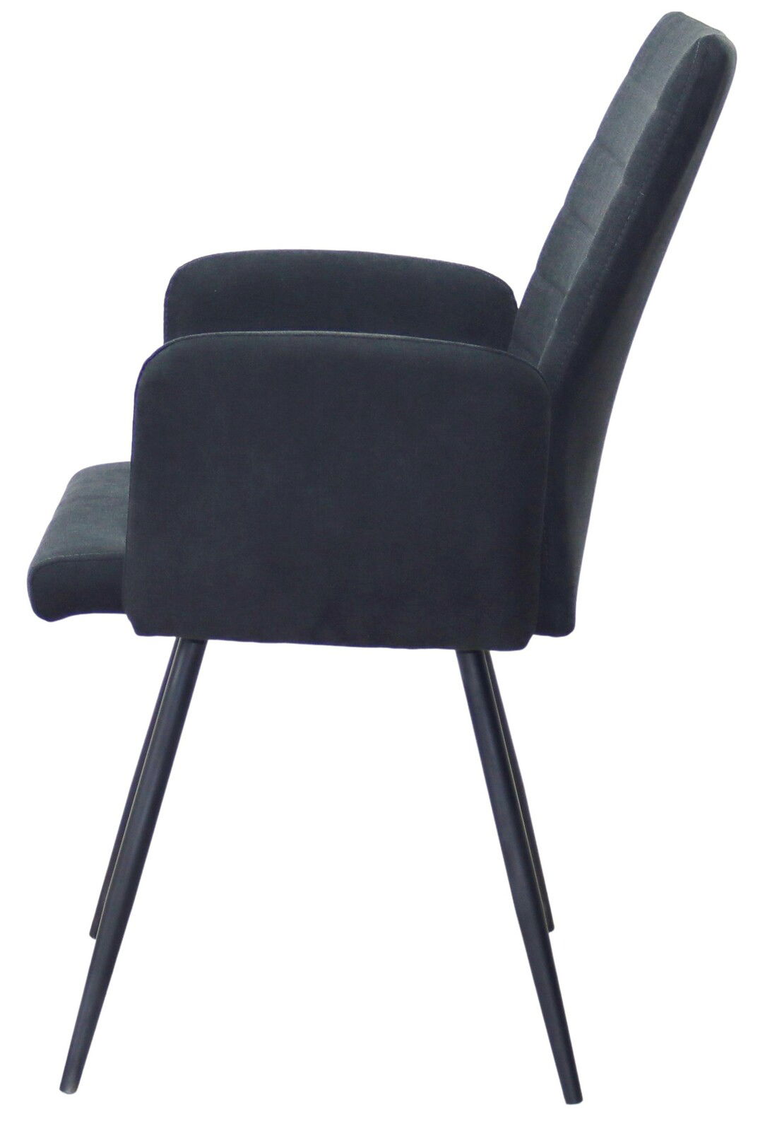 Seitliche Ansicht eines modernen Armlehnstuhls mit schwarzem Stoffbezug und schlanken Metallbeinen.