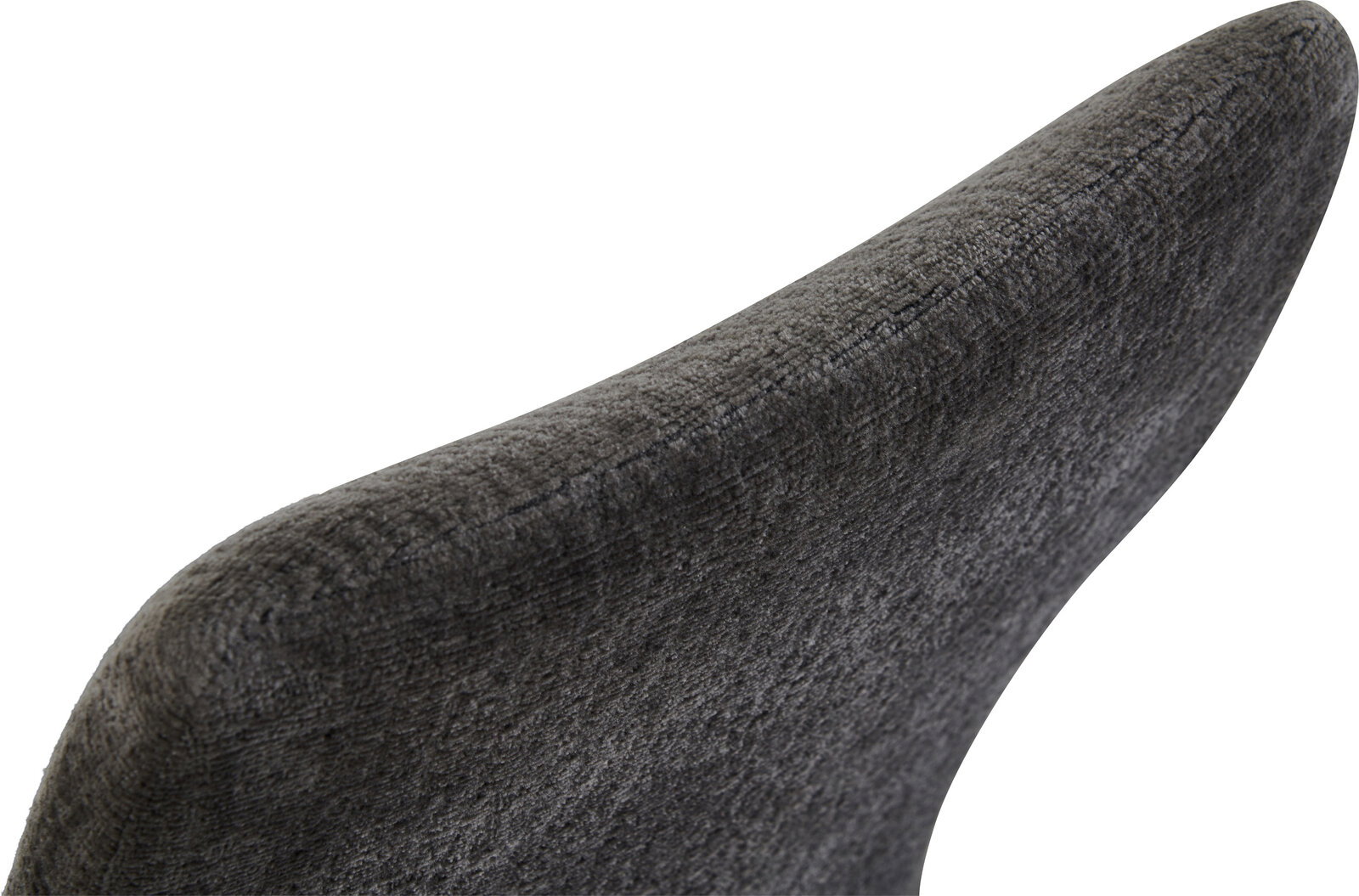 Nahaufnahme der oberen Rückenlehne eines gepolsterten Stuhls in dunkelgrauem Stoff, schräg von der Seite/oben fotografiert.