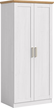 Weißer zweitüriger Kleiderschrank mit Holzoptik-Abdeckplatte und silberfarbenen Griffen, schräg von vorne links fotografiert