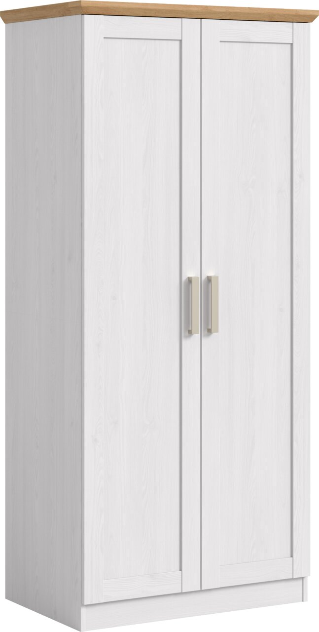 Weißer zweitüriger Kleiderschrank mit Holzoptik-Abdeckplatte und silberfarbenen Griffen, schräg von vorne links fotografiert