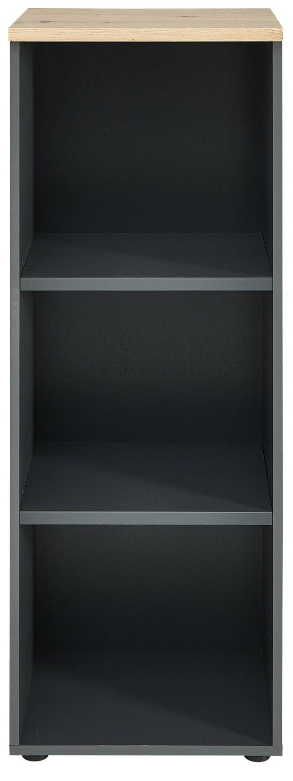 Schmales, niedriges Regal mit drei offenen Fächern und einer Holzoberfläche, frontal betrachtet.