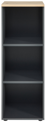 Schmales, niedriges Regal mit drei offenen Fächern und einer Holzoberfläche, frontal betrachtet.