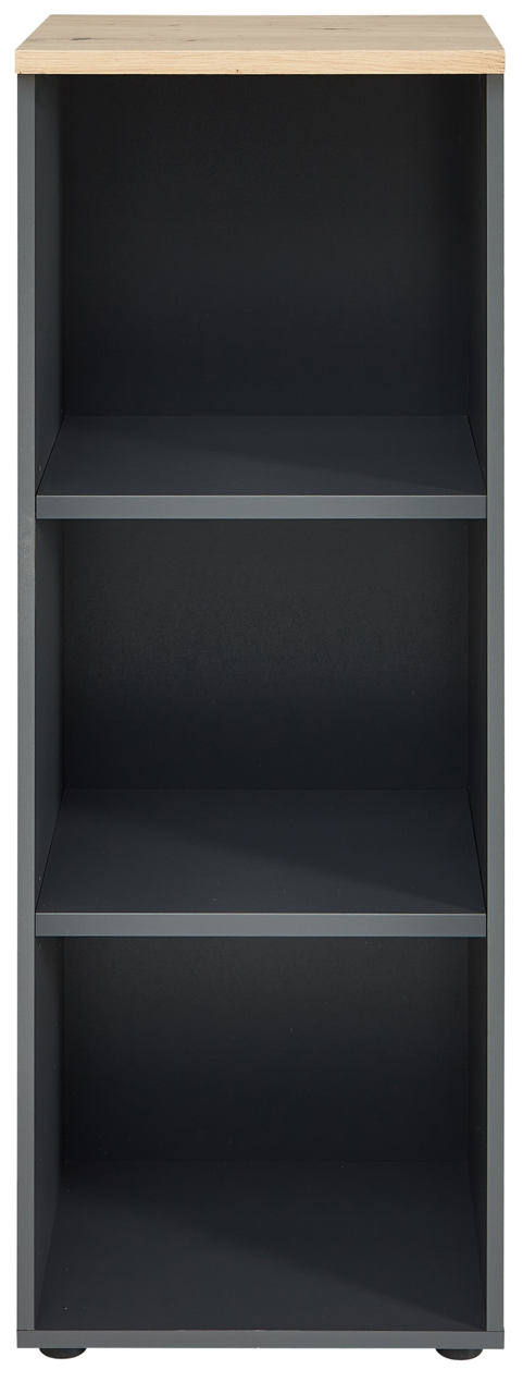 Schmales, niedriges Regal mit drei offenen Fächern und einer Holzoberfläche, frontal betrachtet.