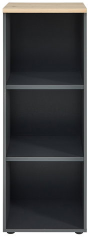 Schmales, niedriges Regal mit drei offenen Fächern und einer Holzoberfläche, frontal betrachtet.