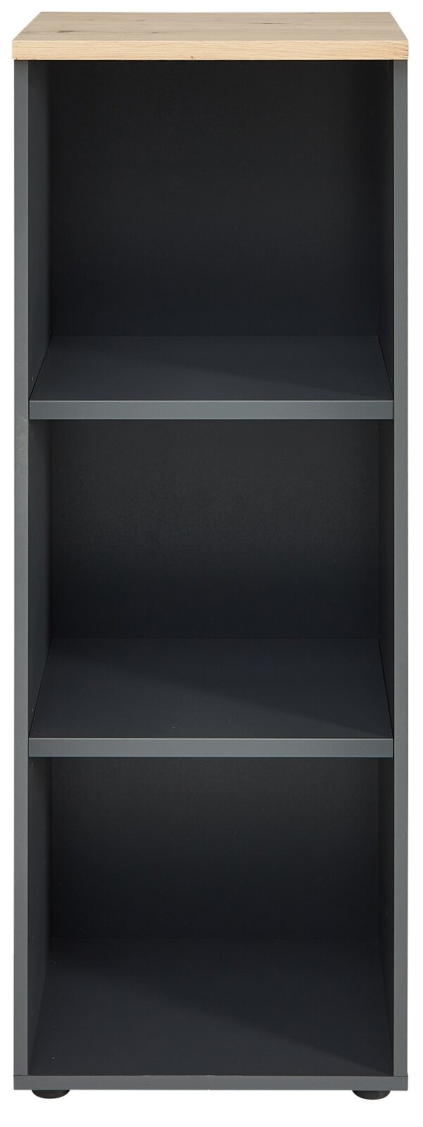 Schmales, niedriges Regal mit drei offenen Fächern und einer Holzoberfläche, frontal betrachtet.