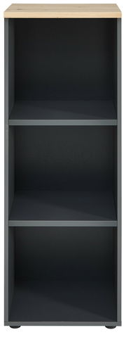 Schmales, niedriges Regal mit drei offenen Fächern und einer Holzoberfläche, frontal betrachtet.