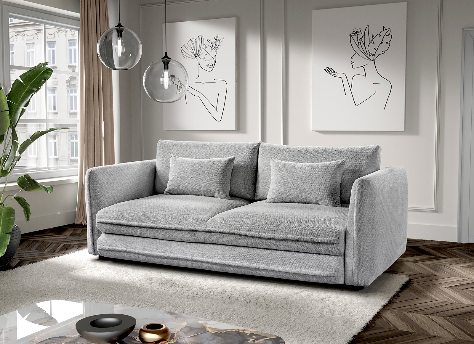 Graues Funktionssofa in einem modernen Wohnzimmer, seitliche Perspektive